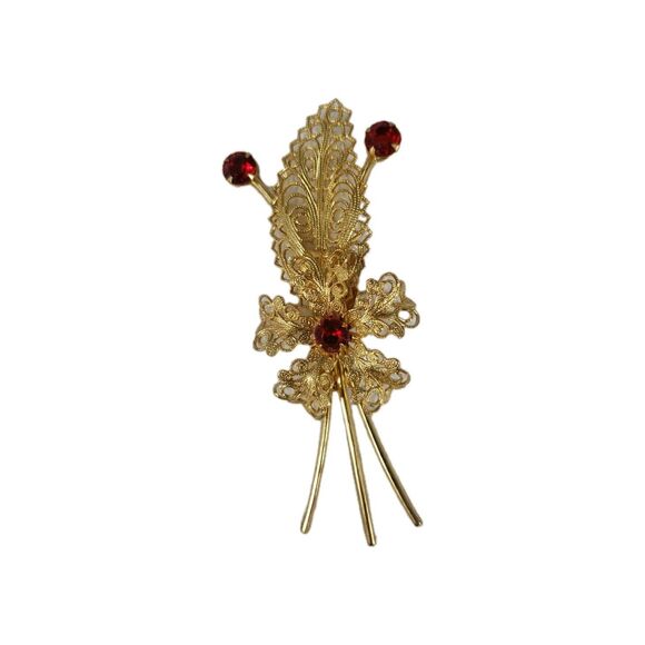 Vintage Gold Filigree Flower Pin Brooch Red Faux Ruby Stones Beautiful 3.5" - Picture 2 of 14